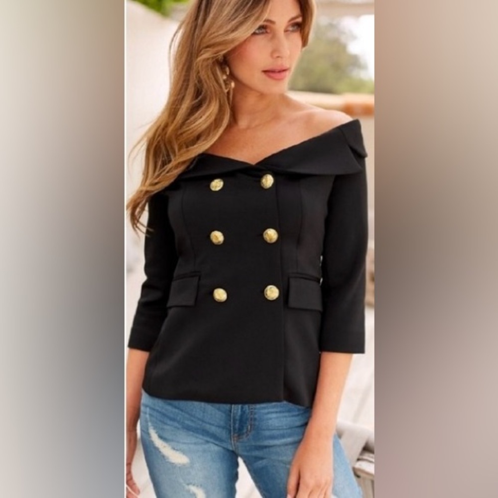 Alexia Admor Off Shoulder Double Breasted Black Blazer (6) - NWT